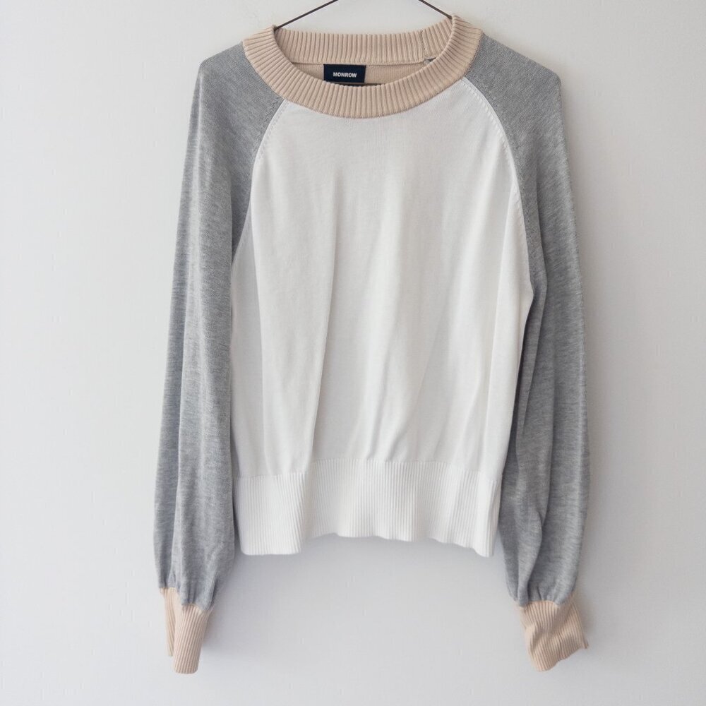 Monrow Colorblock Lightweight Neutral Sweater with Statement Sleeves, Size M - Picture 3 of 7